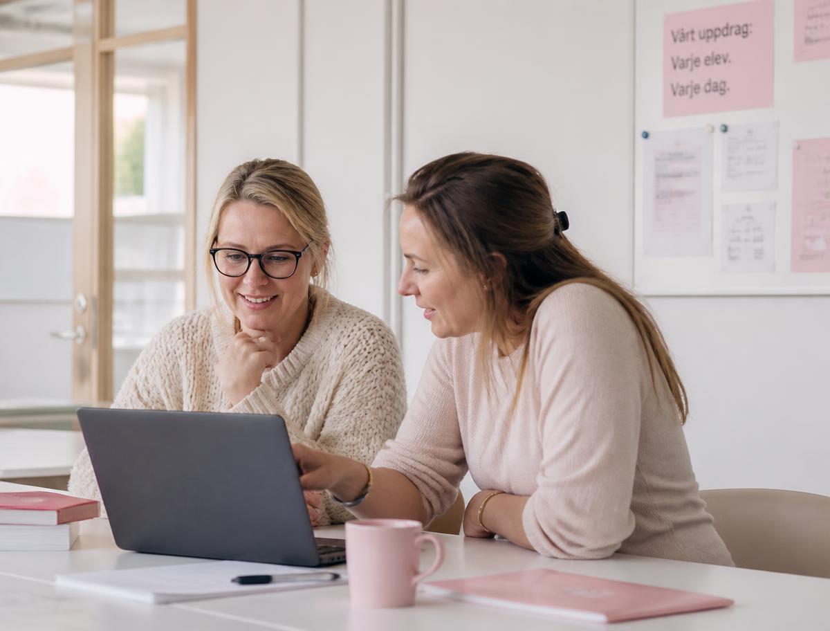 Två lärare arbetar tillsammans framför en laptop